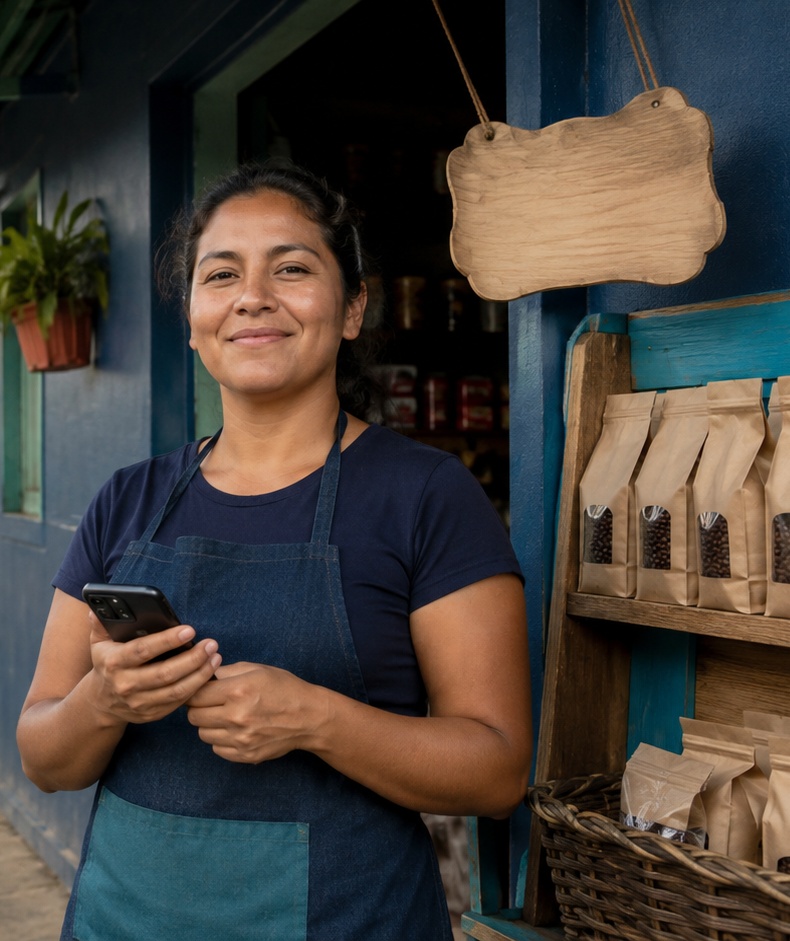 Emprendedora local frente a su negocio